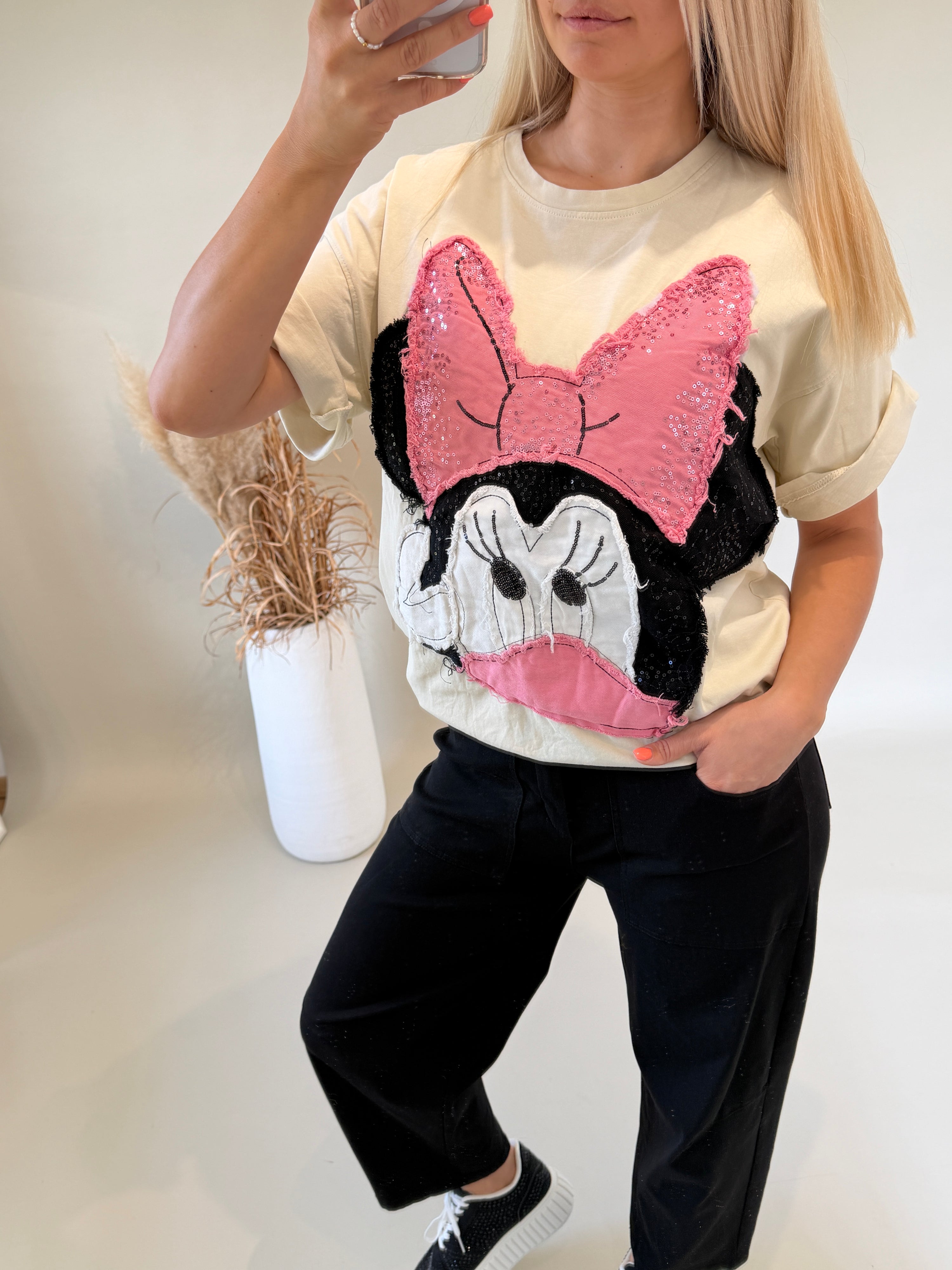 T - Shirt in Beige mit Aufdruck Micky-Maus ( Glitzer )