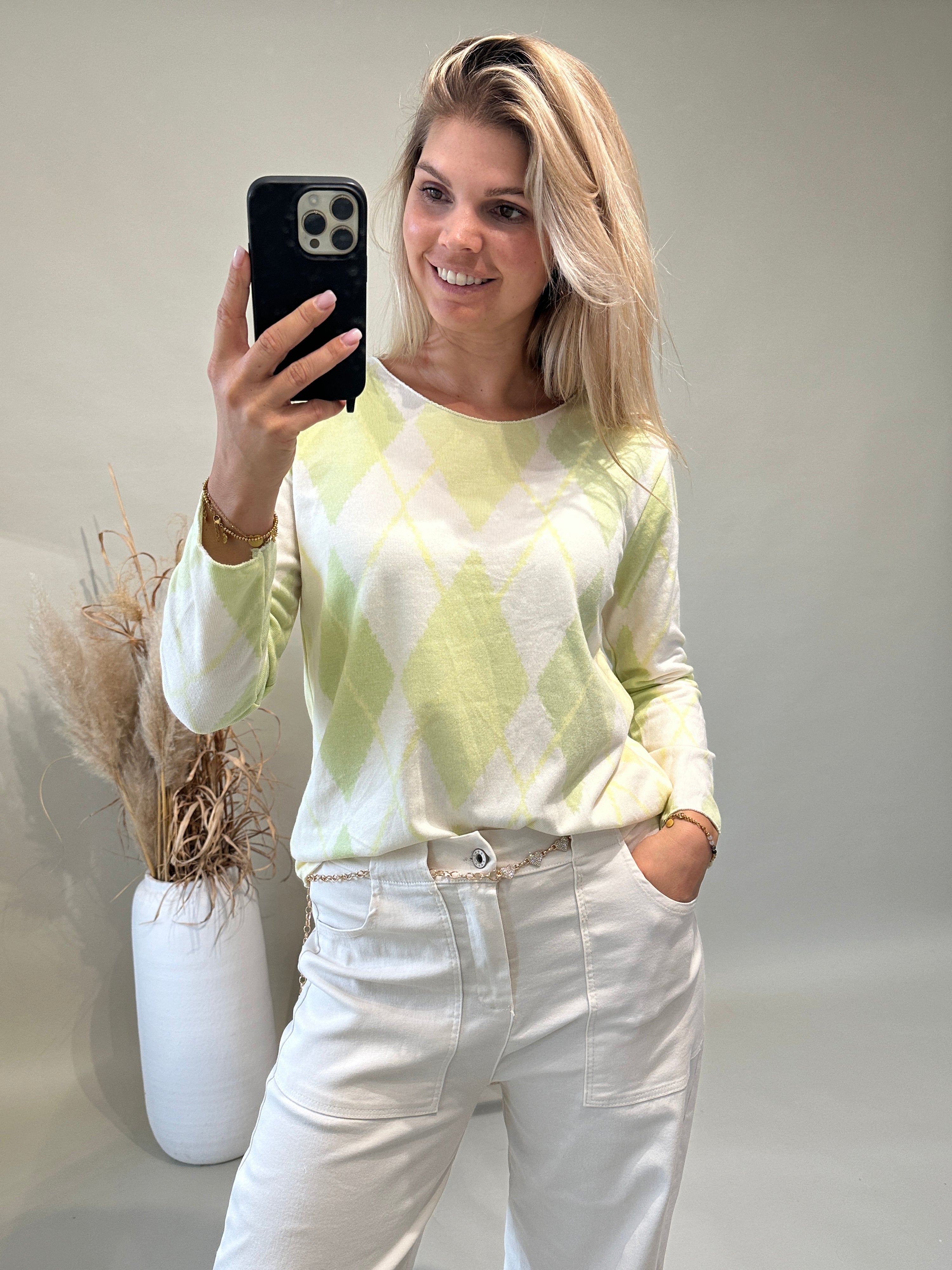 Shirt in Grün/ Gelb/ Wollweiß