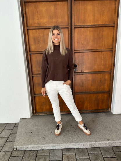 Pullover in Schokobraun mit Kunstpelz-Punkte