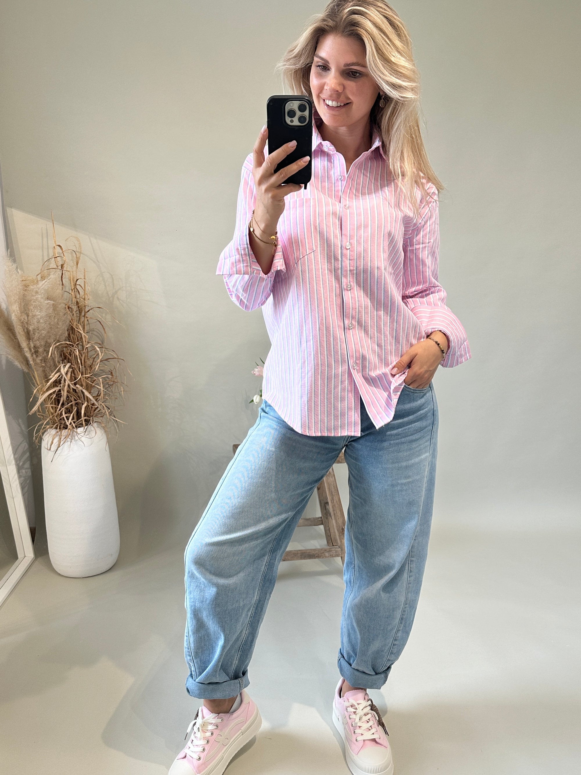 Hemdbluse in Rosa/ Blau/Weiß gestreift