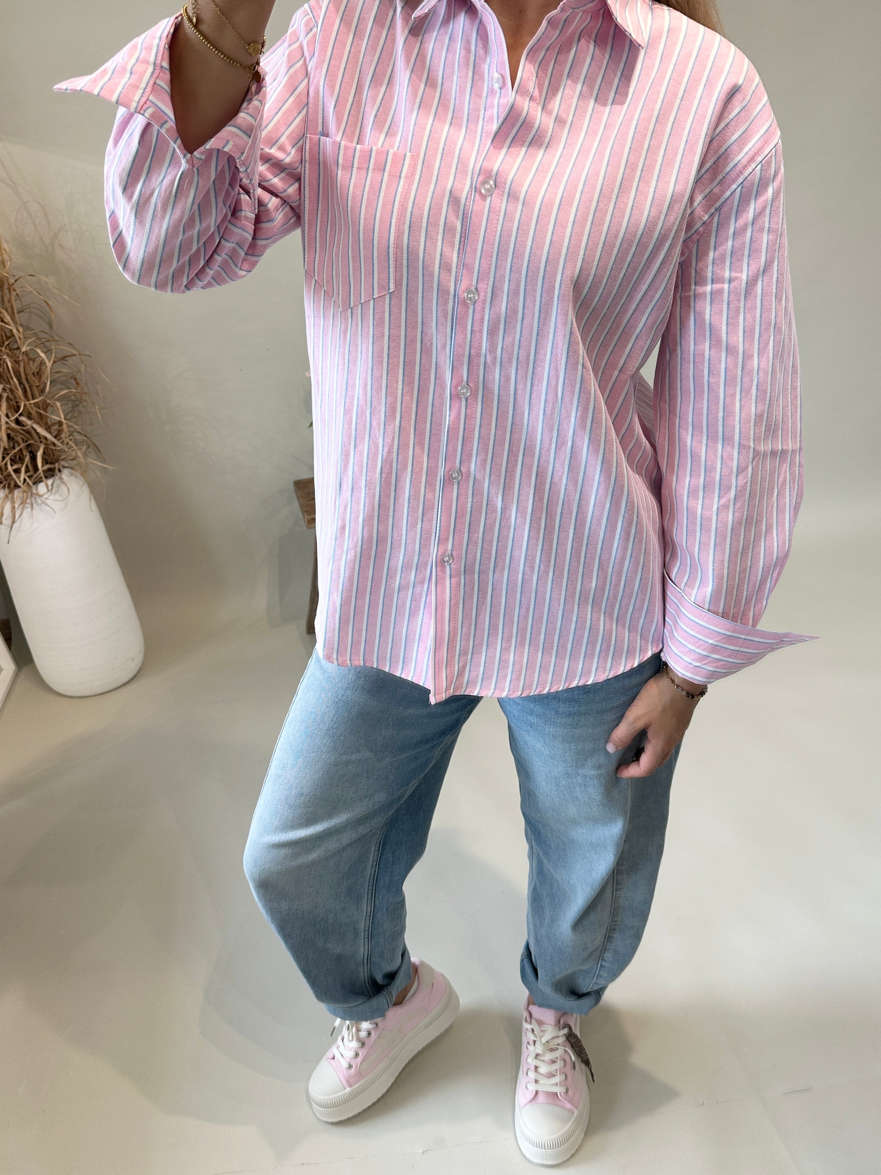 Hemdbluse in Rosa/ Blau/Weiß gestreift