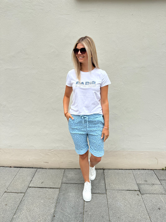 T-Shirt in Weiß mit Glitzer-Aufdruck (Paris) in Hellblau