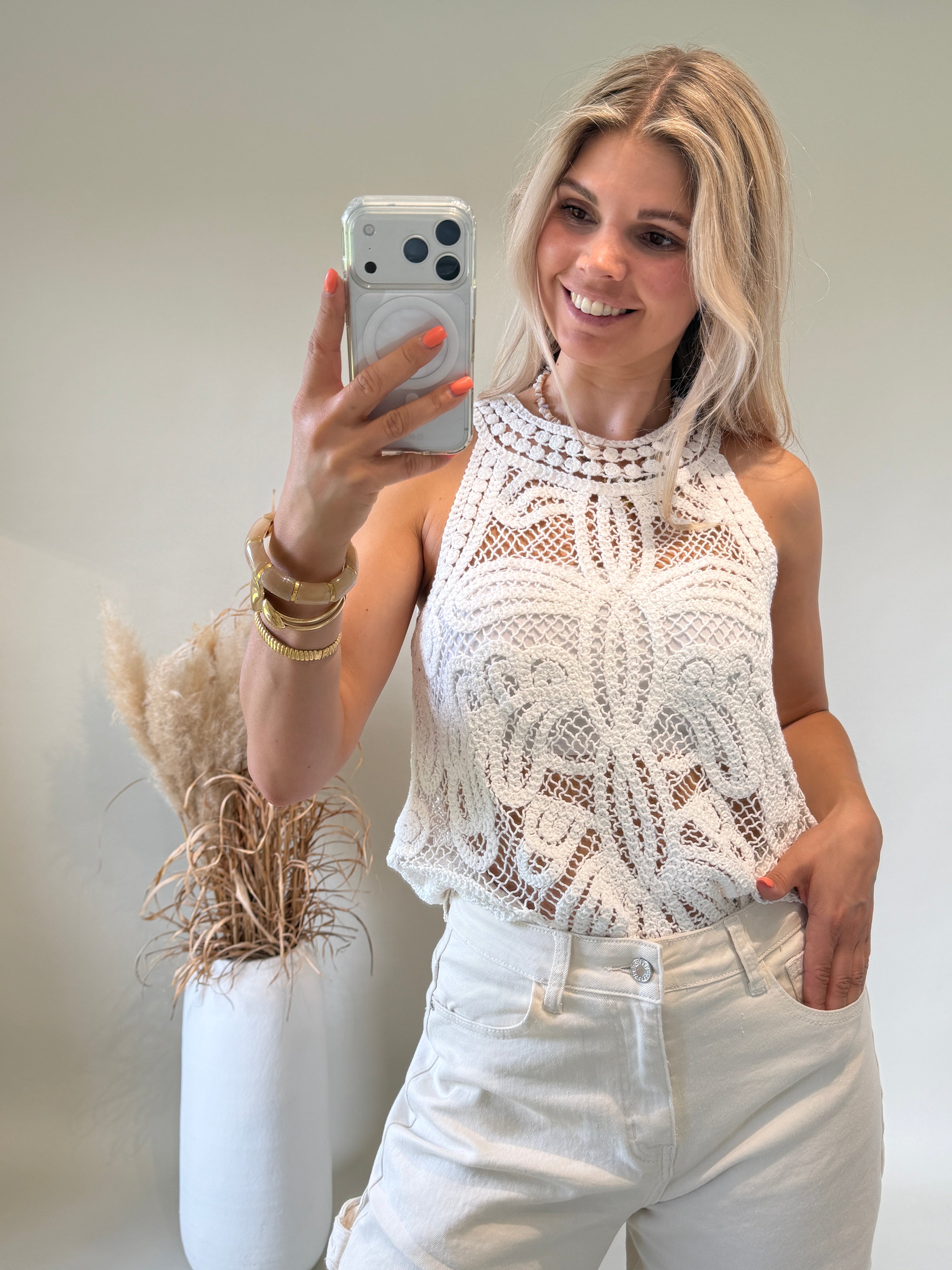 Top in Weiß aus Bohospitze