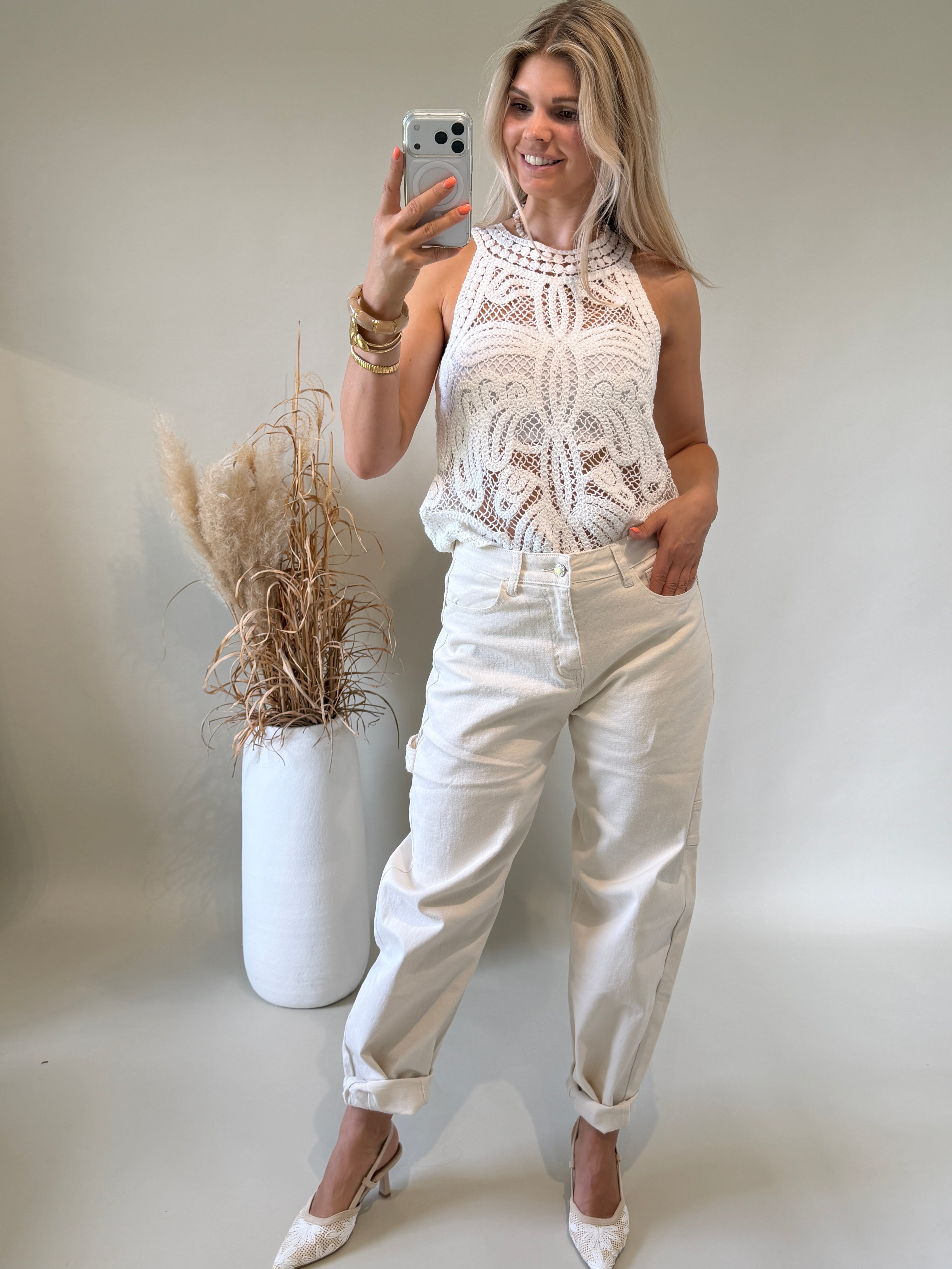 Top in Weiß aus Bohospitze