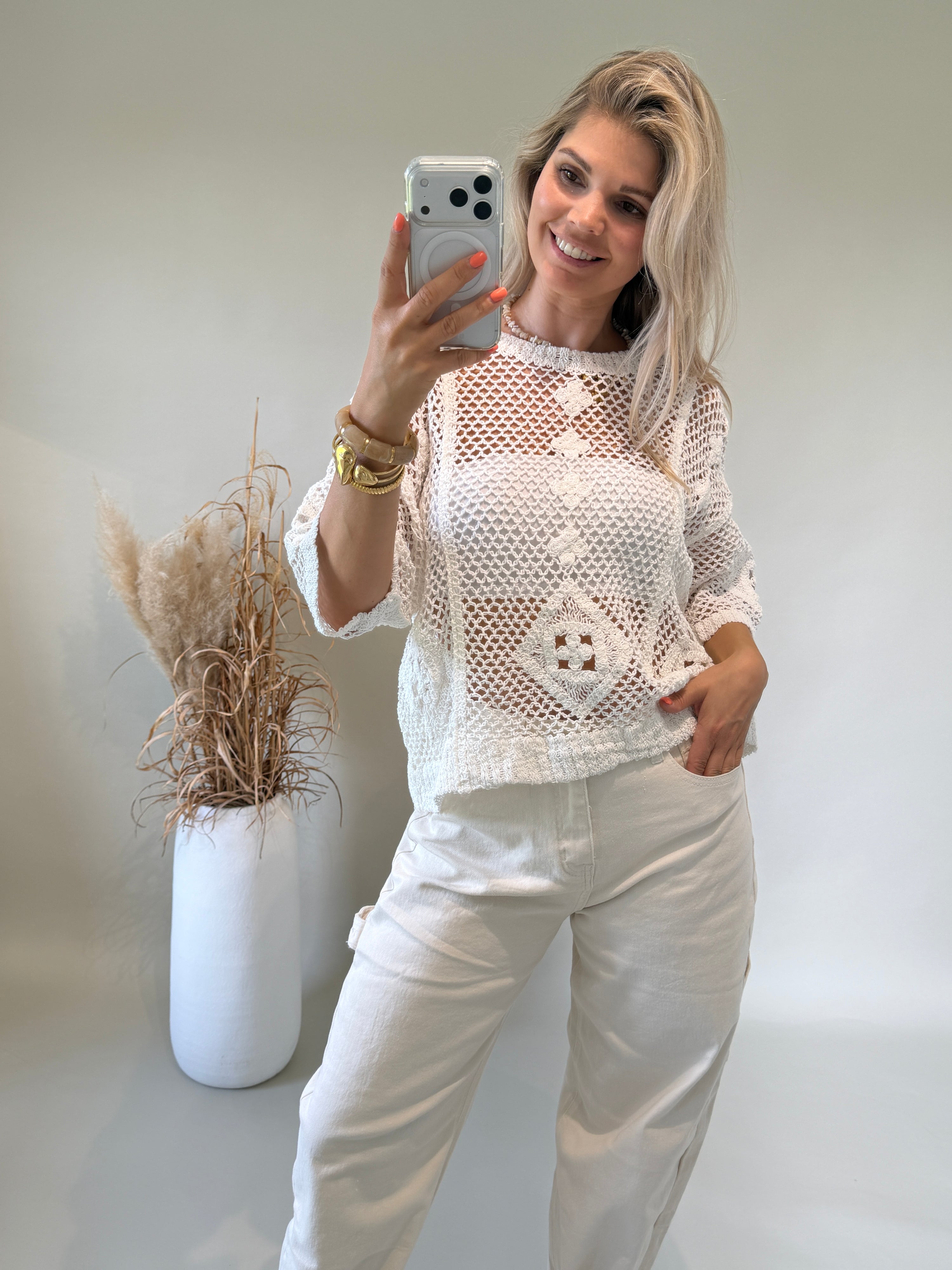 Pullover in Weiß ( Kurzarm ) aus Bohospitze