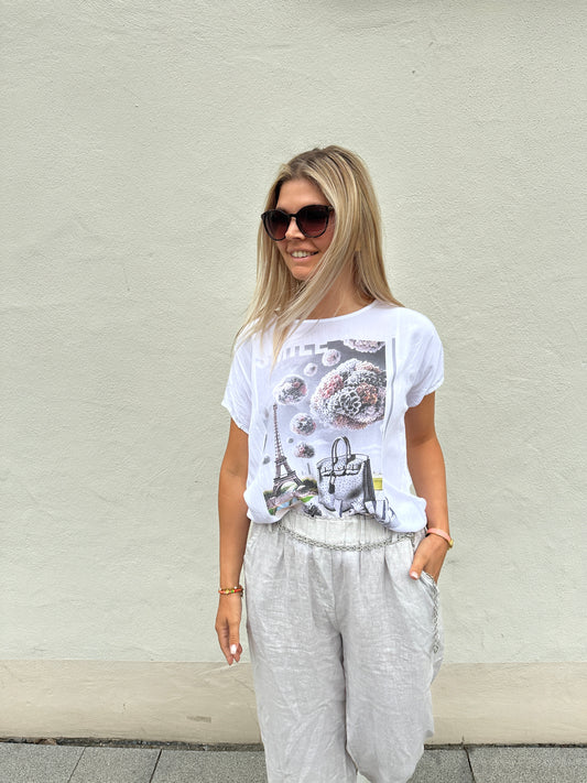 T-Shirt in Weiß mit Hellgrauen Aufdruck mit Glitzer (SMILE)