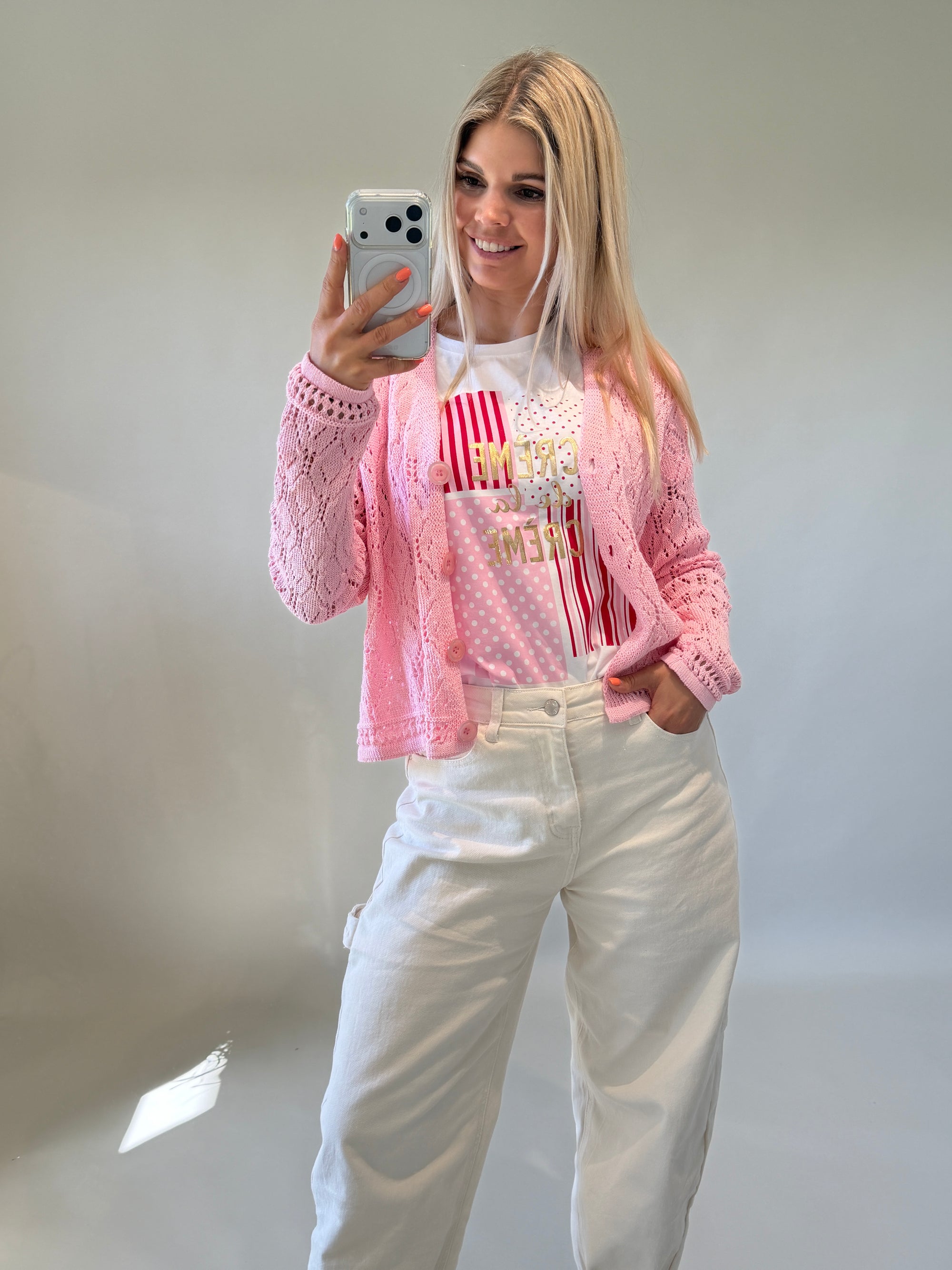 T - Shirt in Weiß mit Aufdruck  in Rosa Creme de la Creme