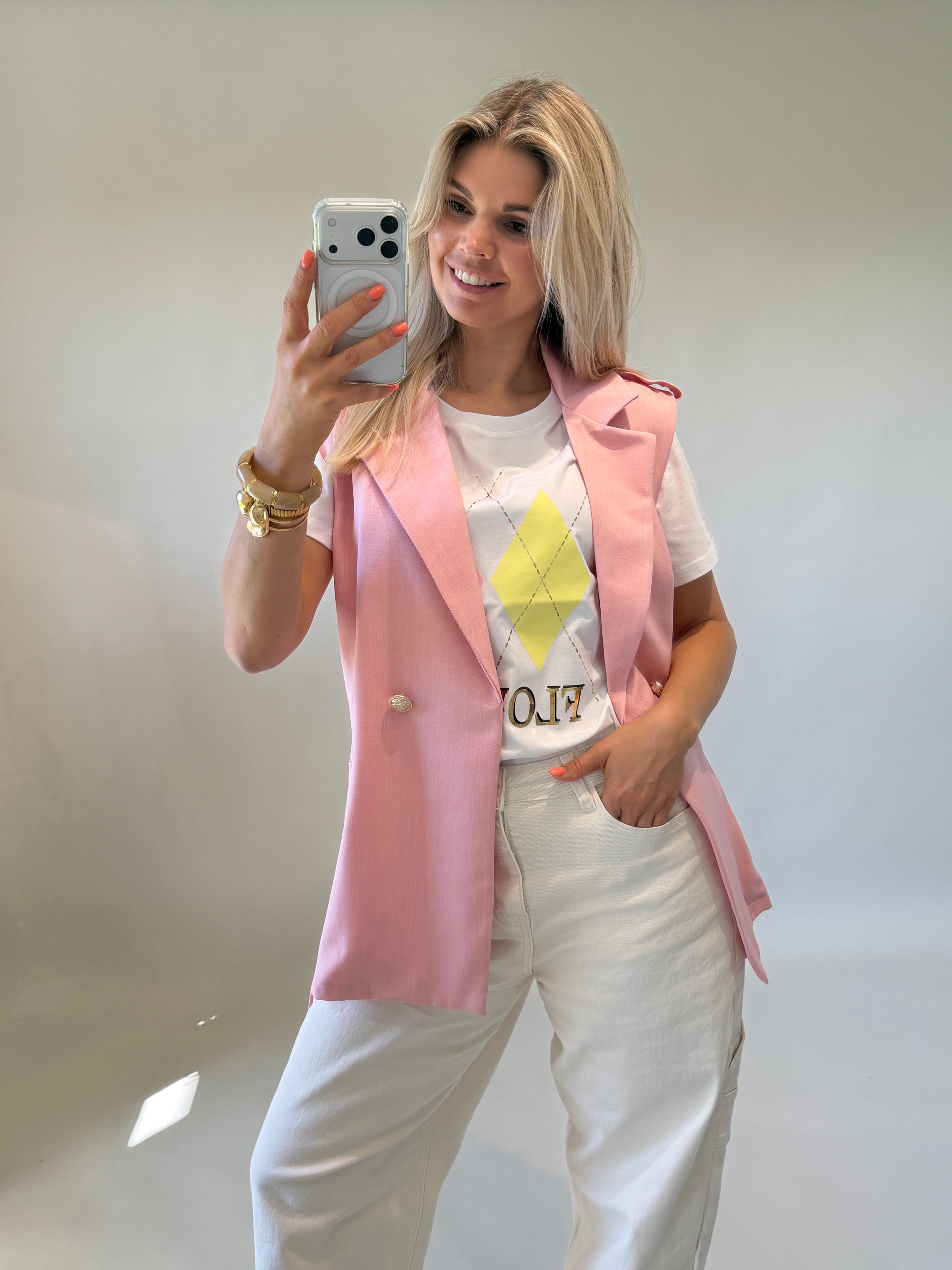 T - Shirt mit Rautenmuster Rosa / Gelb