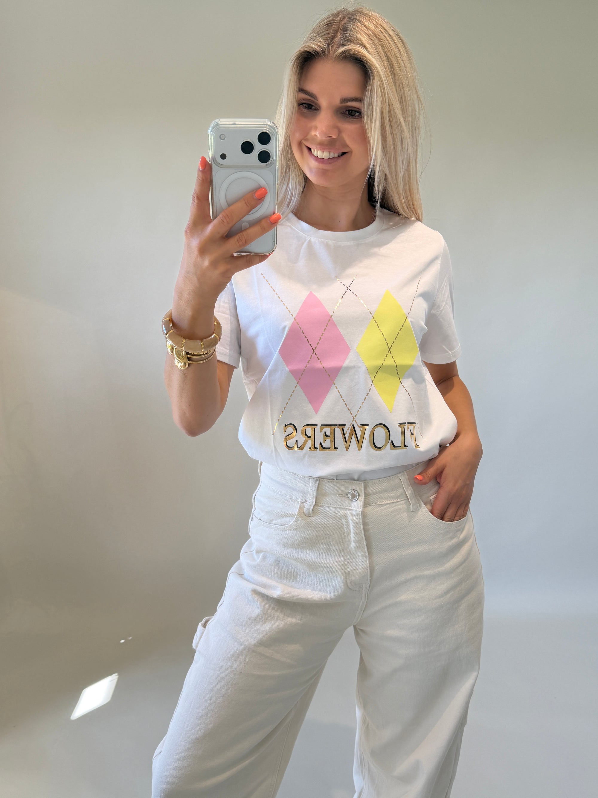 T - Shirt mit Rautenmuster Rosa / Gelb