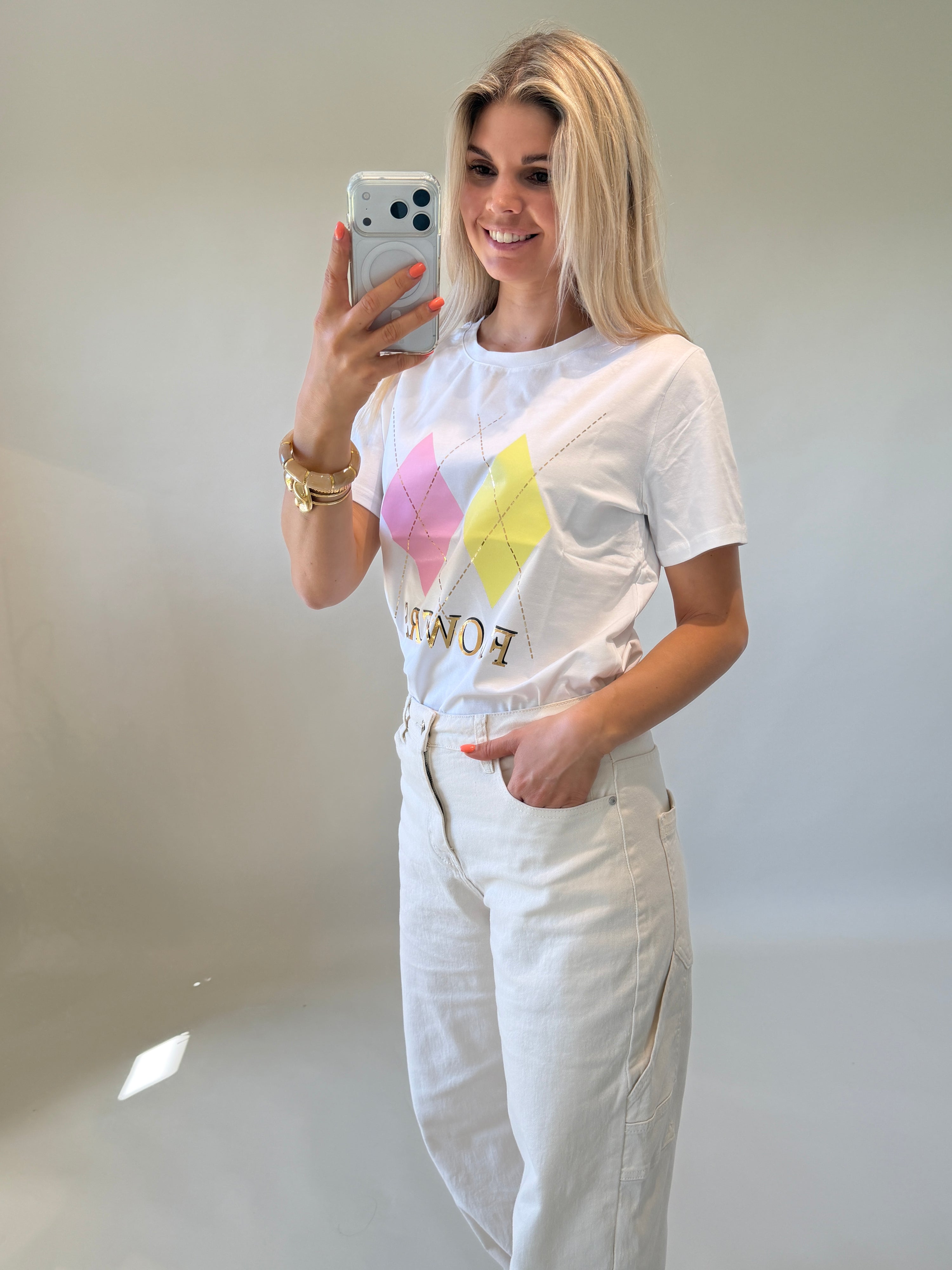 T - Shirt mit Rautenmuster Rosa / Gelb