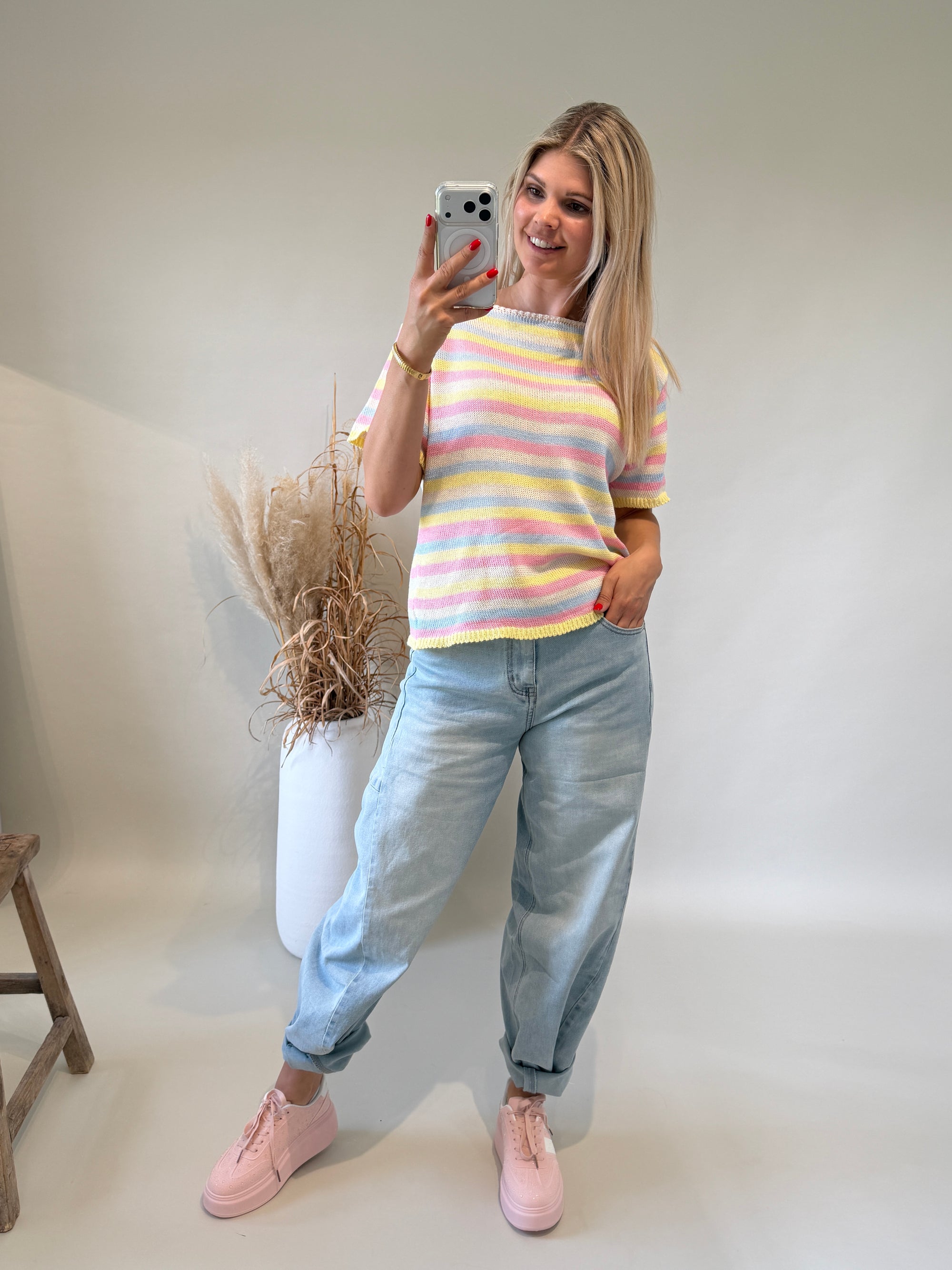 Pullover gestreift in Rosa / Hellblau / Gelb / Weiß