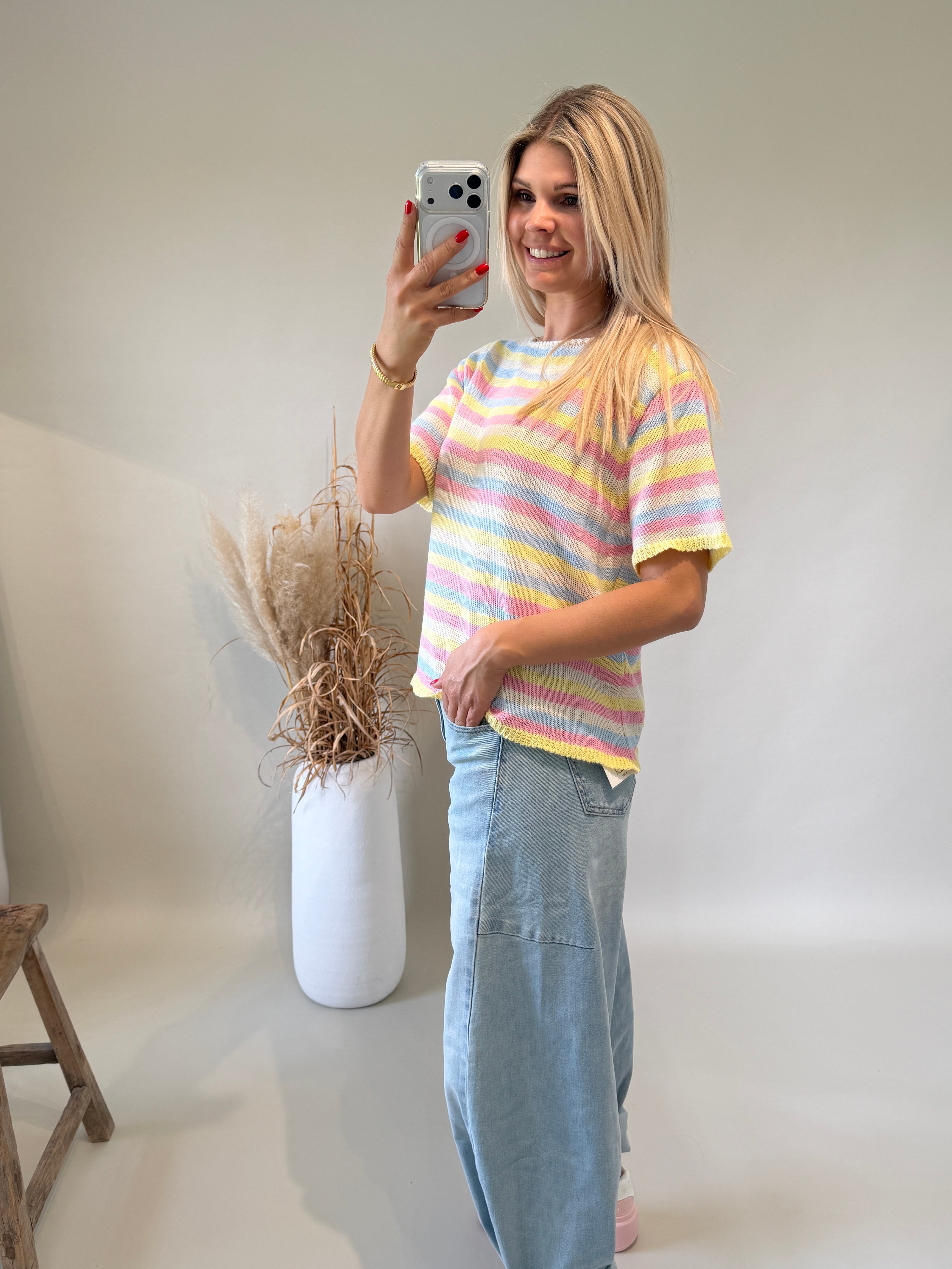 Pullover gestreift in Rosa / Hellblau / Gelb / Weiß