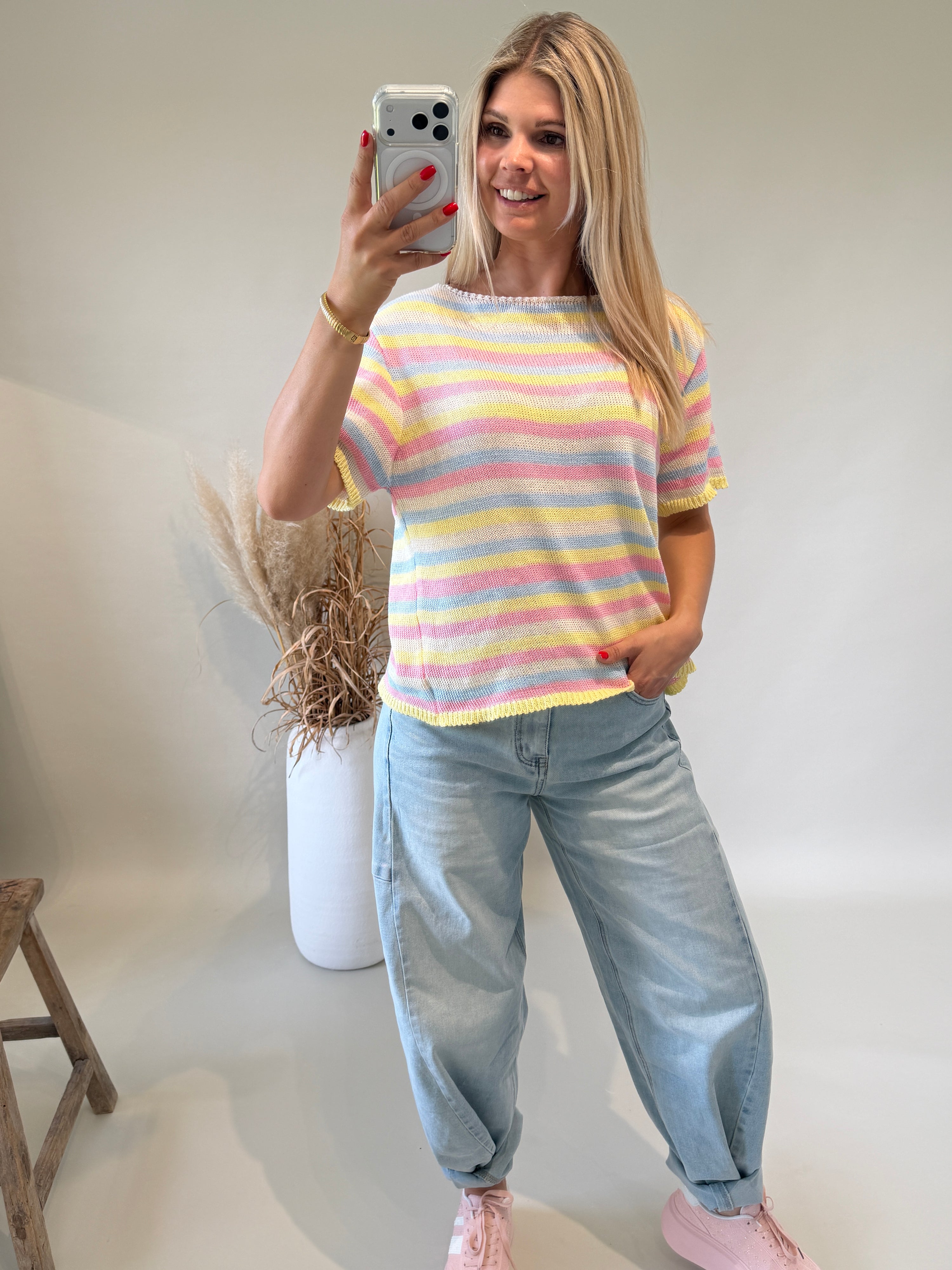 Pullover gestreift in Rosa / Hellblau / Gelb / Weiß