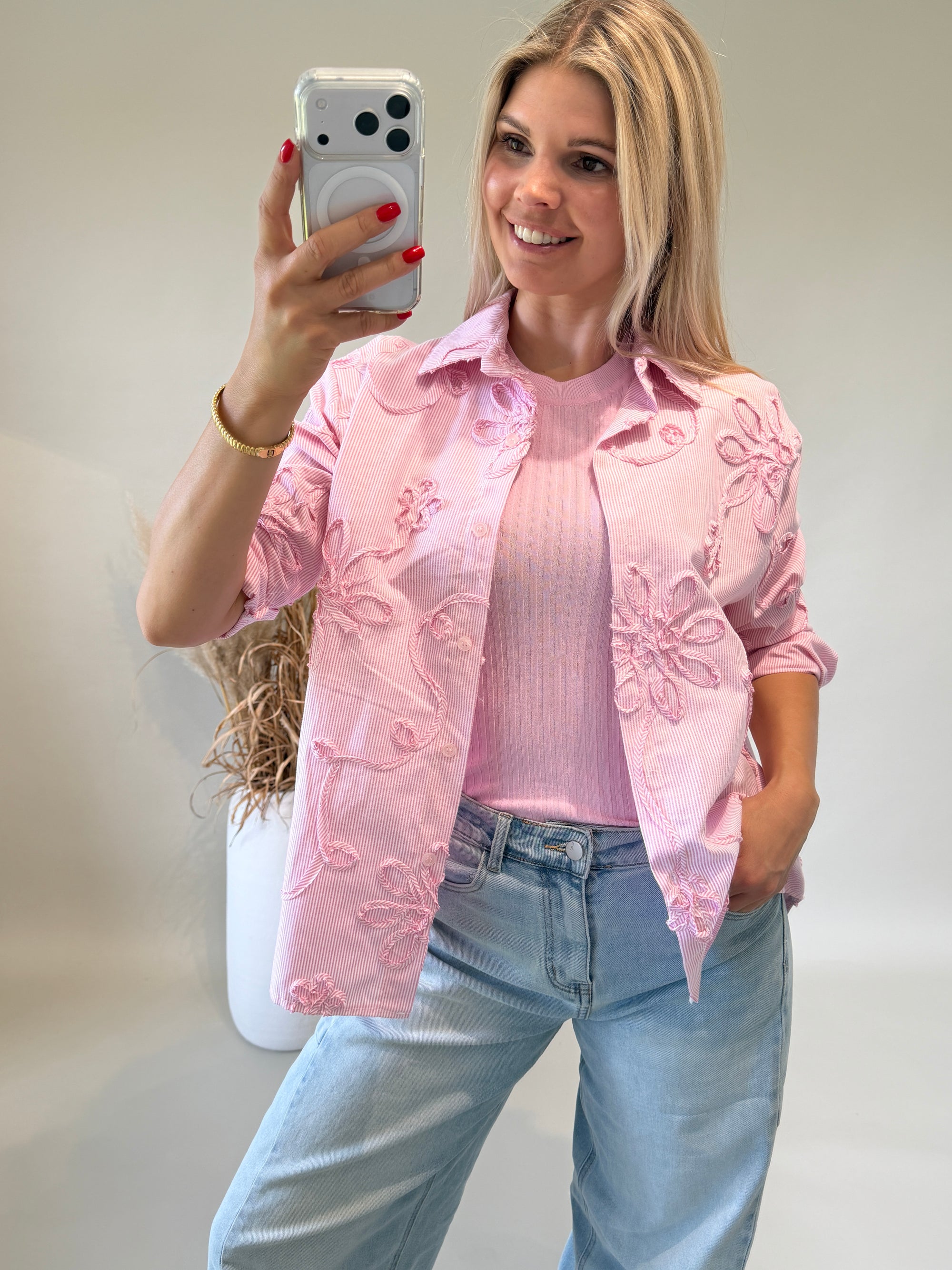 Bluse  in Rosa / Weiß gestreift mit Muster
