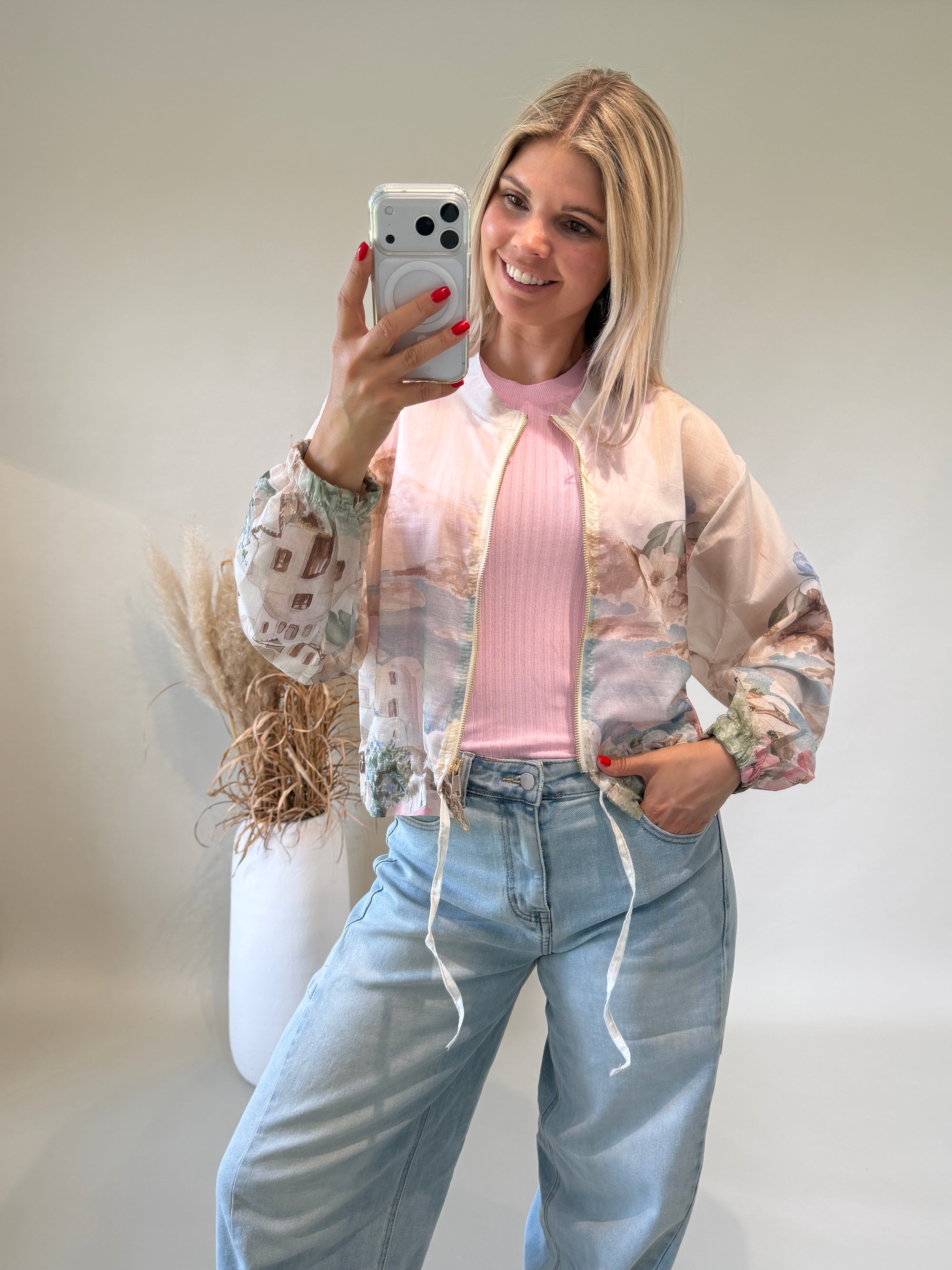 Jacke in Wollweiß mit Hellblau und Rosa ( Bunt )