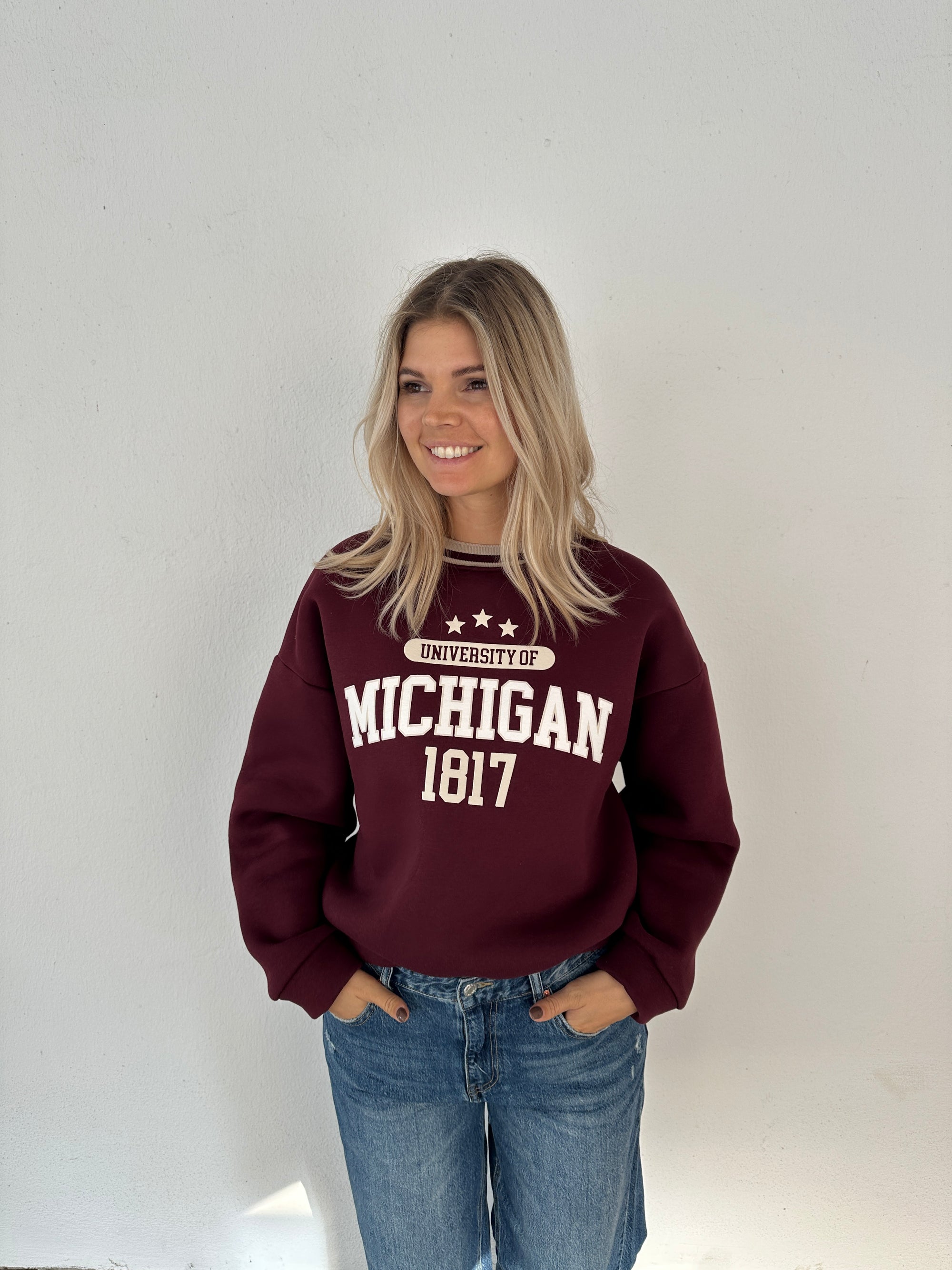 Pullover in Bordeauxrot und Beige