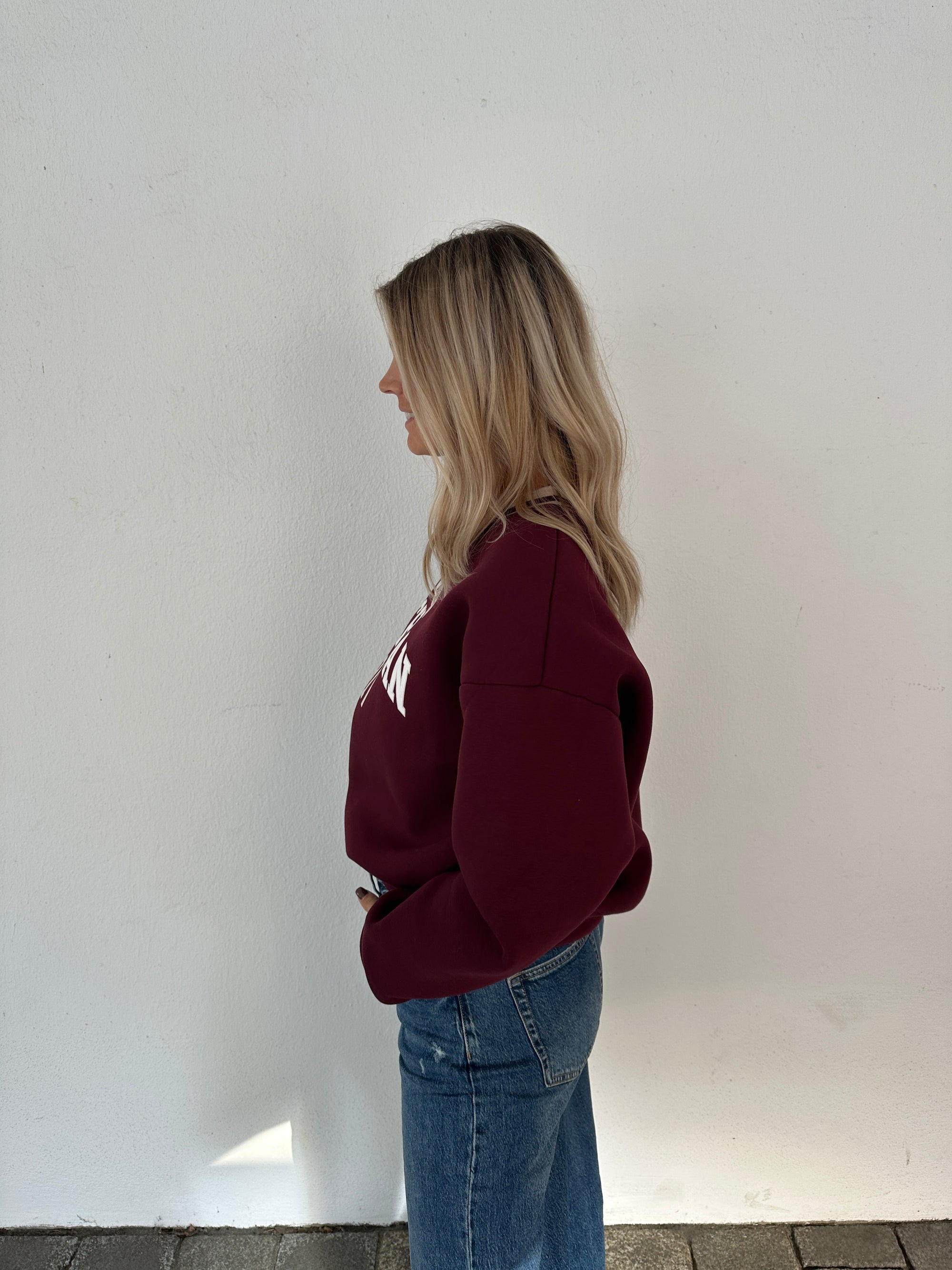 Pullover in Bordeauxrot und Beige