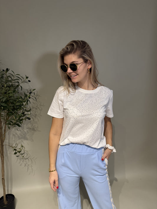 Kurzarm- Tshirt in Weiß mit Glitzersteine vorne