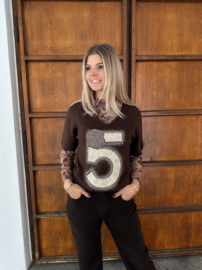 Pullover kurzarm in Schokobraun mit Aufdruck 5 (Glitzer)
