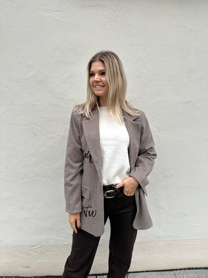 Blazer mit Fischgrätmuster Schokobraun mit Glitzeraufschrift