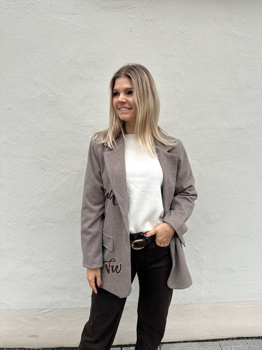 Blazer mit Fischgrätmuster Schokobraun mit Glitzeraufschrift