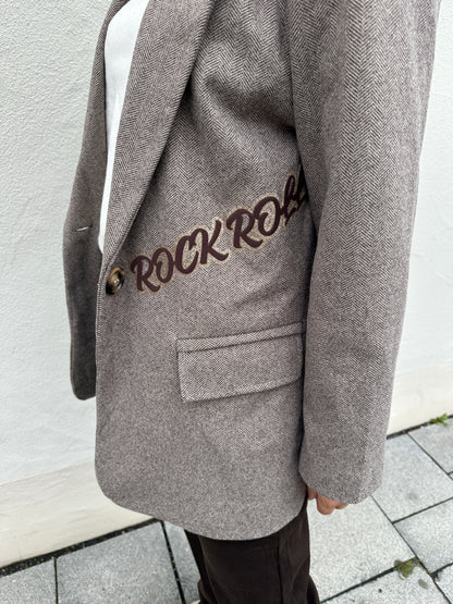 Blazer mit Fischgrätmuster Schokobraun mit Glitzeraufschrift