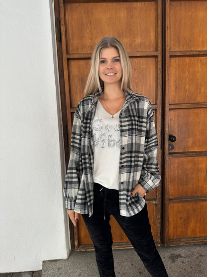 Bluse in Schwarz/Wollweiß (Karo) mit goldenen Spangen sind abnehmbar