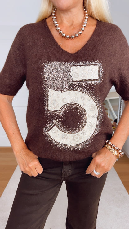 Pullover kurzarm in Schokobraun mit Aufdruck 5 (Glitzer)