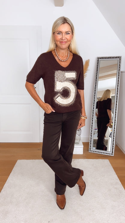 Pullover kurzarm in Schokobraun mit Aufdruck 5 (Glitzer)
