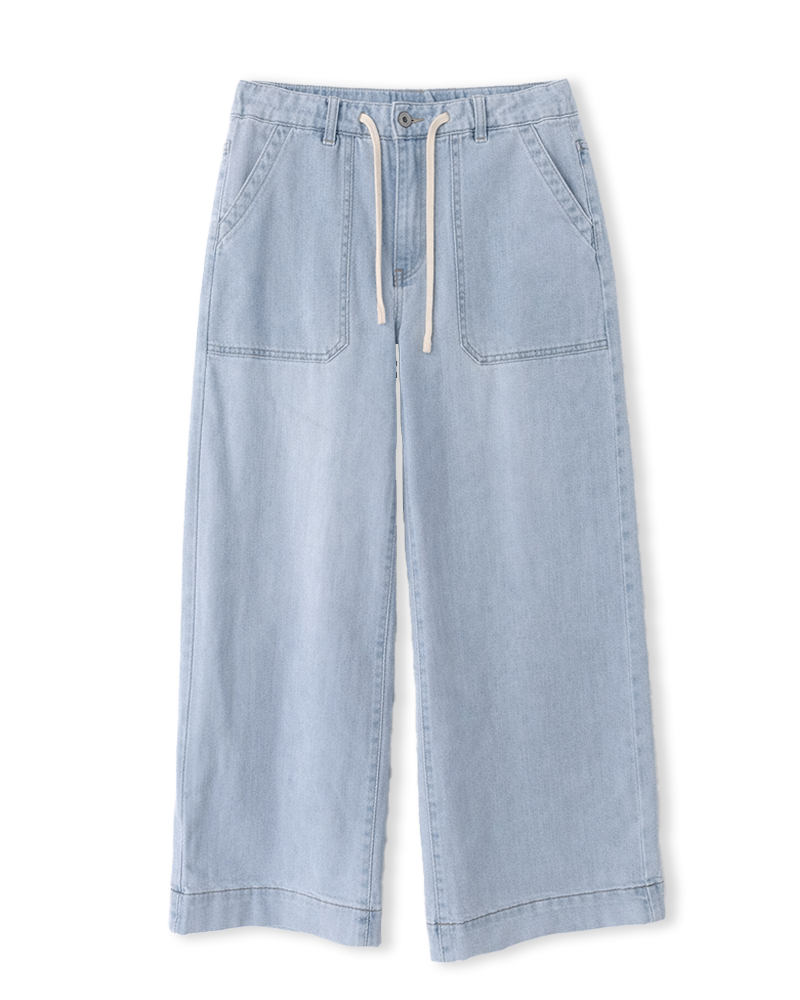 Jeans in heller Auswaschung mit weitem Bein und Kordel