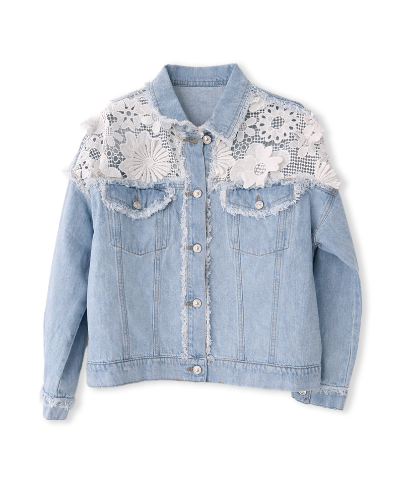 Jeansjacke in heller Auswaschung mit Spitzeneinsatz