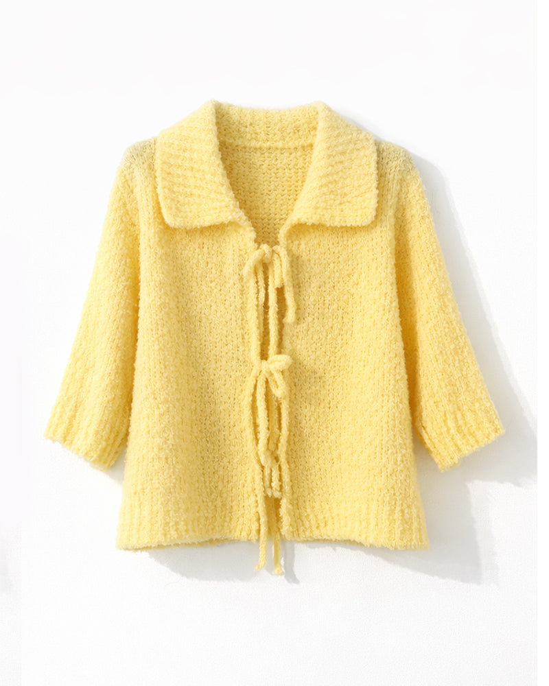 Strickjacke kurzarm vorne zum Binden in Zitronengelb