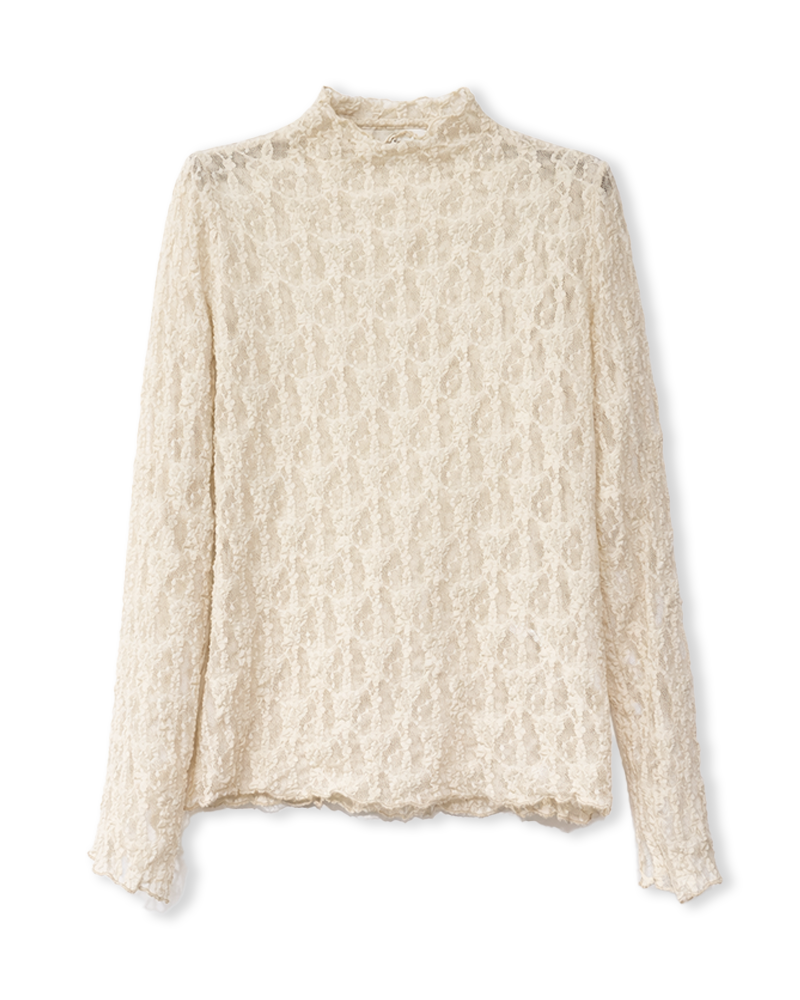 Spitzenshirt in Hellbeige mit kleinen Stehkragen