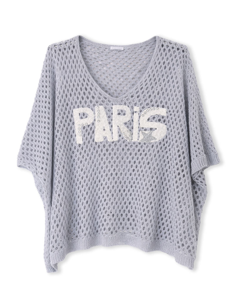 Pullover in Grau mit Lochmuster und Aufschrift PARIS