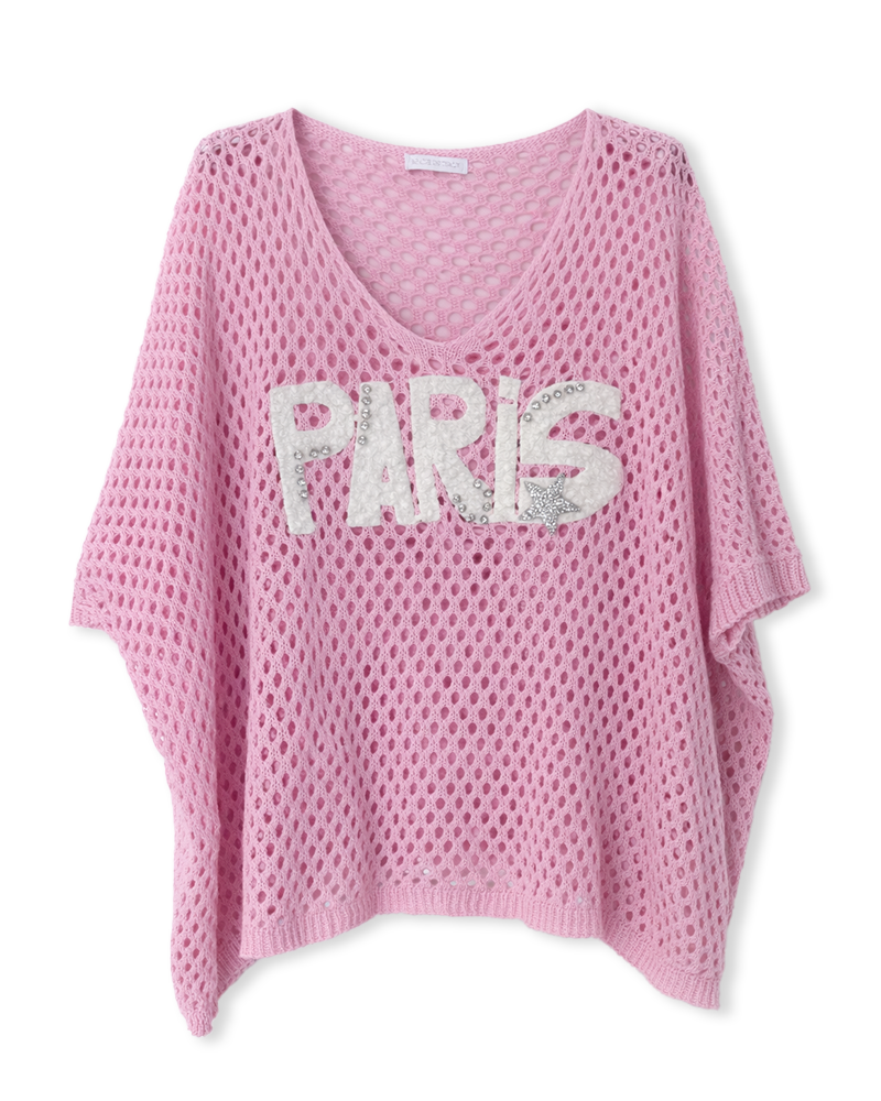 Pullover in Rosa mit Lochmuster und Aufschrift PARIS