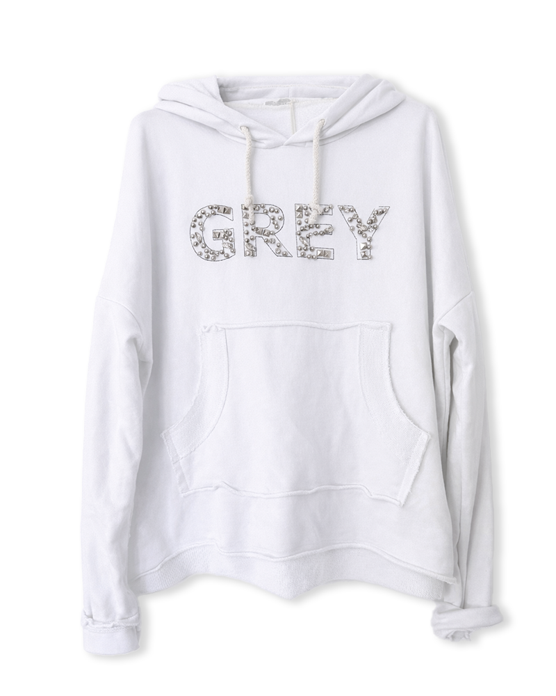 Sweatshirt  in Weiß mit Kapuze und Aufschrift GREY aus Glitzersteinen