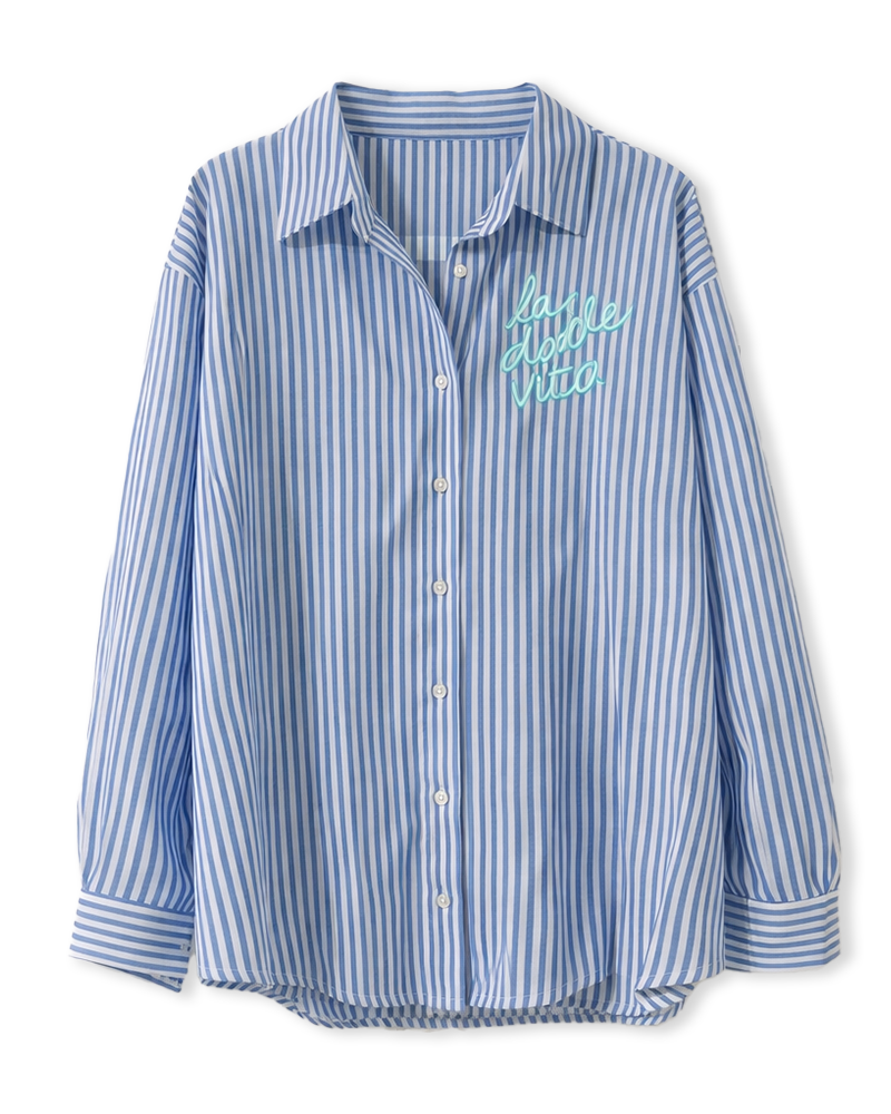 Bluse in Hellblau gestreift mit Aufdruck